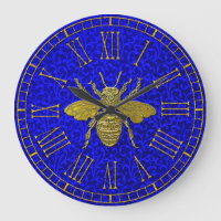 Dourada Bee Blue Rococo Padrão Grande Relógio