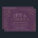 Dourada brilho roxo 50 e festa de aniversário fabu<br><div class="desc">Dourado efeito de brilho roxo 50 e convite de aniversário fabuloso. Texto de script moderno monocromático design. Parte de uma coleção.</div>