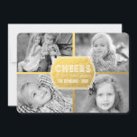 Dourada Collage Cheers | Cartão com fotos de féria<br><div class="desc">Modern Cheers Collage - Photo Holiday Card Faux Gold Foil (efeito fotográfico impresso). Design por Elke Clarke© para a Galeria de Monogramas. Escolha esta placa de cartões de natal simples e versátil para enviar aos seus amigos e familiares nesta época de férias. Ele tem as palavras "Saúde, a você e...</div>