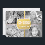 Dourada Collage Cheers | Cartão com fotos de féria<br><div class="desc">Modern Cheers Collage - Photo Holiday Card Faux Gold Foil (efeito fotográfico impresso). Design por Elke Clarke© para a Galeria de Monogramas. Escolha esta placa de cartões de natal simples e versátil para enviar aos seus amigos e familiares nesta época de férias. Ele tem as palavras "Saúde, a você e...</div>