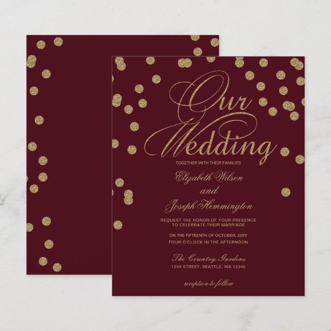 Dourada Confetti Convite para Casamento de Borgonh (Frente/Verso)