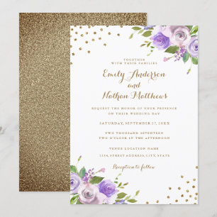 Dourada Confetti Purple Floral Wedation Convite