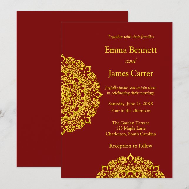 Dourada convocação de casamento mandala (Frente/Verso)