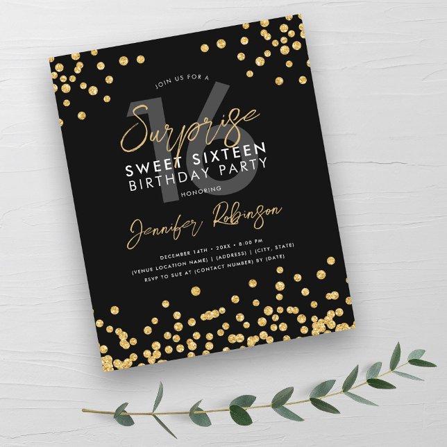 Dourada de orçamento Black Confetti Surpresa Doce  (Budget Gold Black Confetti Surprise Sweet 16 )