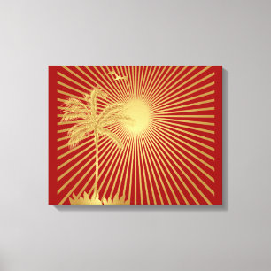 Dourada e Maroon Palm Tree, Sun e Bird Canvas