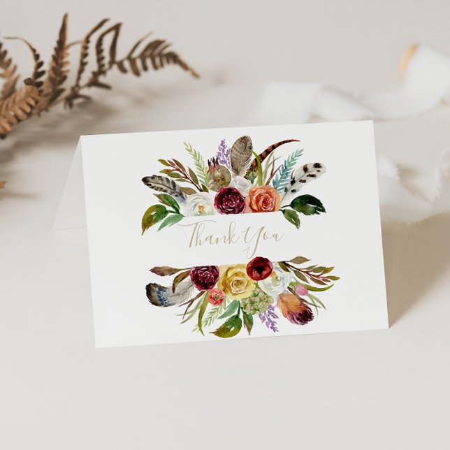 Dourada Feather Boho Dobrou Cartões de agradecimen (Criador carregado)