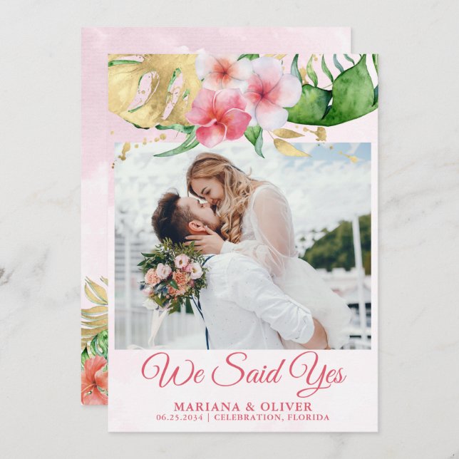 Dourada Flores Tropicais de Anúncio de Casamento (Frente/Verso)