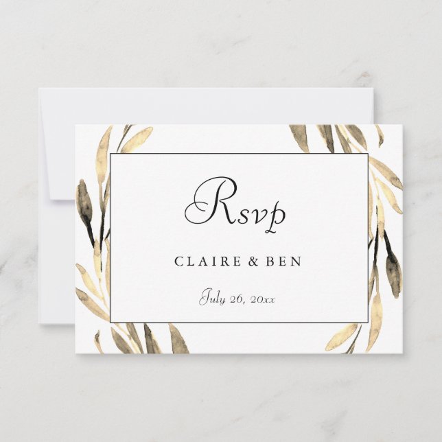 Dourada folha Wreath Border RSVP de Casamento (Frente)