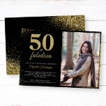 Dourada Glitter 50 E Fabuloso Convite De Aniversár<br><div class="desc">Dourada Glitter e tema preto 50 e Fabuloso Convite para Fotografias de Festa de aniversário. Design de tipografia elegante com detalhes de brilho na moda dourado sobre fundo preto. Personalize com o nome e a foto das meninas de aniversário, este convite é perfeito para informar seus convidados sobre sua próxima...</div>