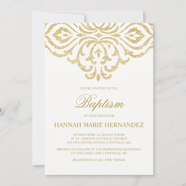 Dourada Glitter Damask Baptism Convite (Frente)