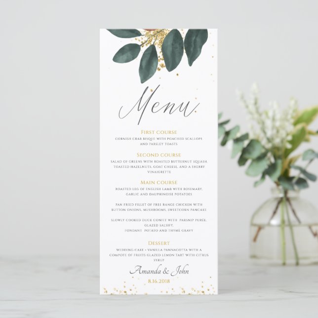 Dourada Glitter Greenery Leaf Weding Menu (Em pé/Frente)