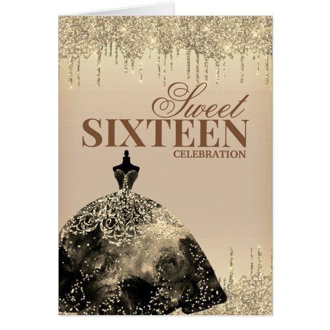Dourada Glitter Marrom Doce 16 Convite de Aniversá (Frente)