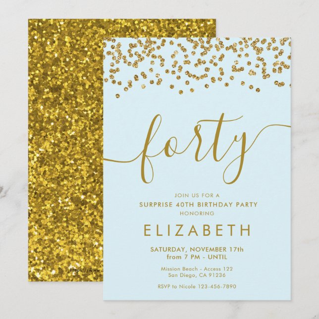 Dourada Glitter Olá 40 Quarenta Convite de Anivers (Frente/Verso)