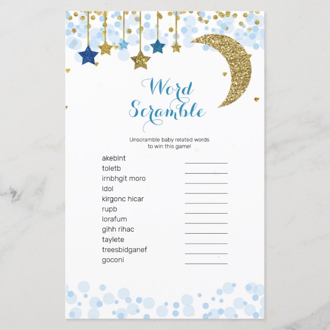 Dourada lua azul Watercolor Jogo do Word Scramble, (Frente)