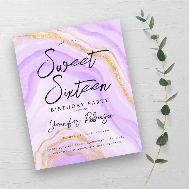 Dourada Luminária Roxa do Orçamento Marble Sweet 1 (Budget Purple Gold Glitter Marble Sweet 16 Invite )