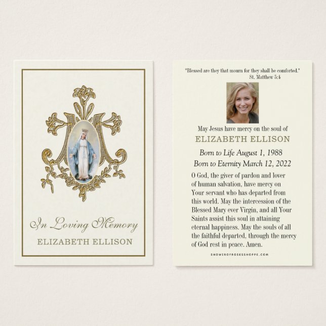 Dourada Marian Cross Virgin Mary Cartão Funeral de (Frente & Verso)