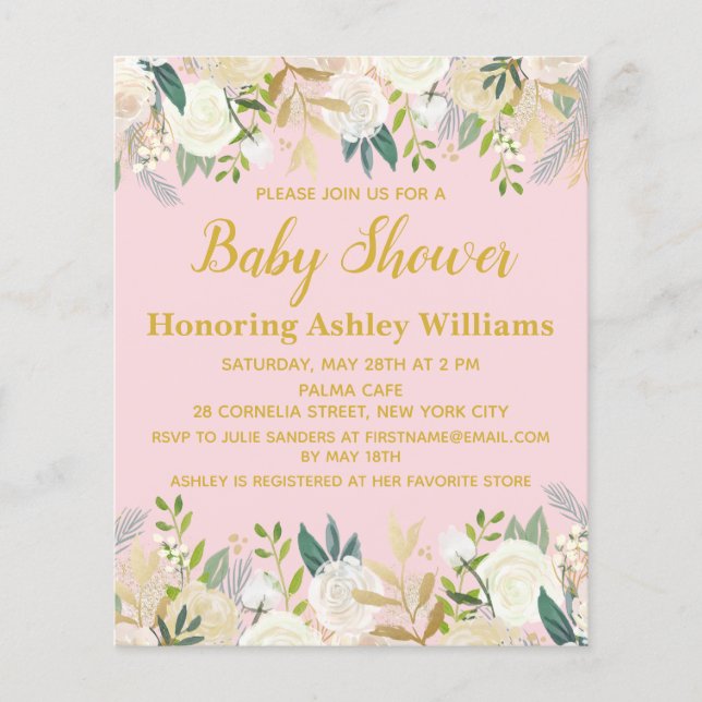 Dourada Menina rosa-rosa com convite para Chás de  (Frente)