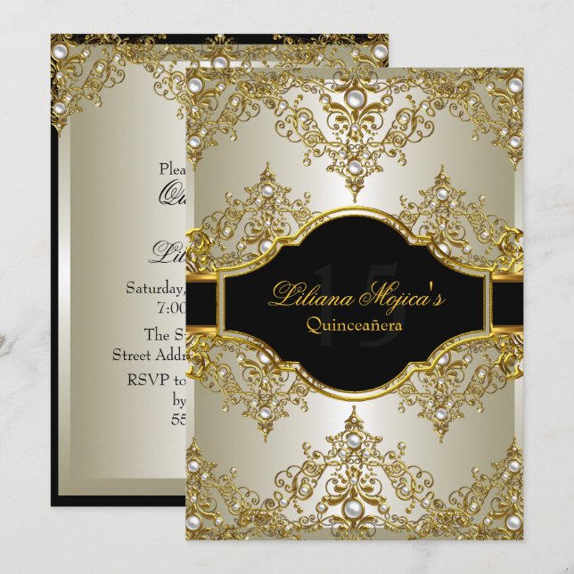 Dourada Pearl Vintage Glamor Quinceanera Convite 2 (Frente/Verso)