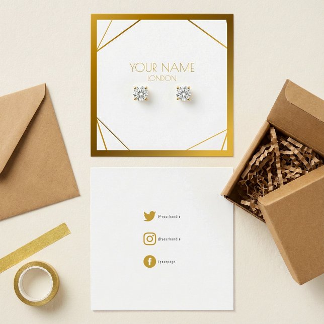 Dourada portadora geométrica de fronteiras, ícones (Gold geometric border earring holder, social icons.)