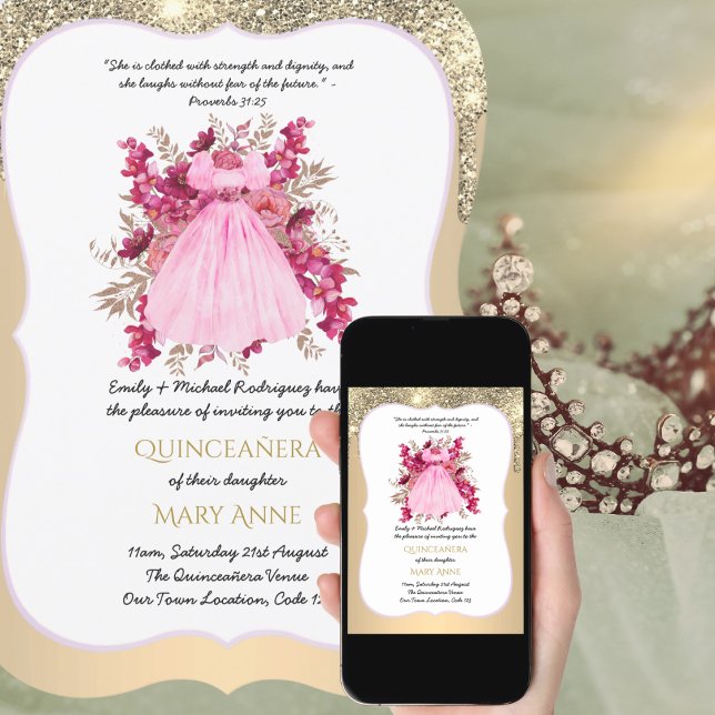 Dourada Quinceañera, cor-de-rosa, Convite Elegante (Criador carregado)