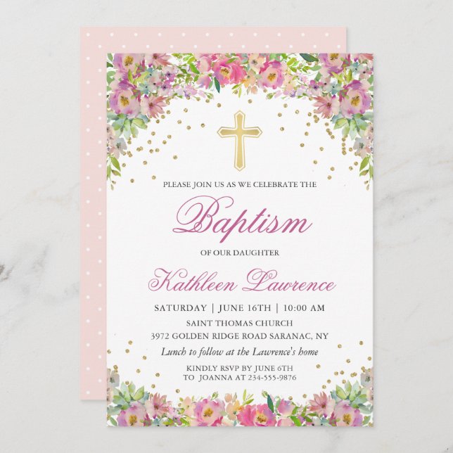 Dourada Rosa Elegante Convite Batismo Para Menina  (Frente/Verso)
