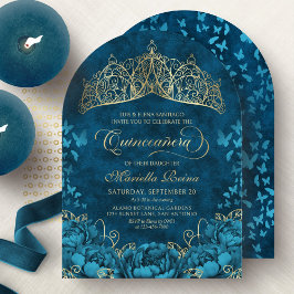 Dourada Teal Coroa Floral Quinceanera Convite