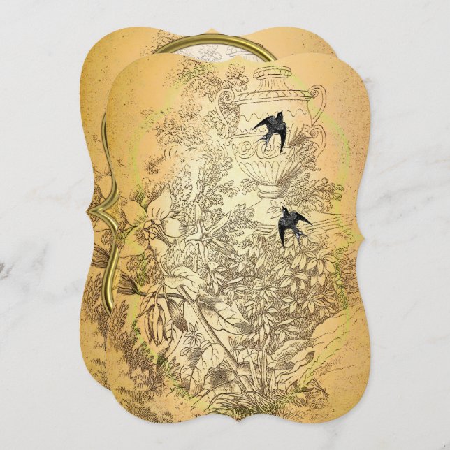Dourada Urn Vintage Birds Convite Para Casamento (Frente/Verso)