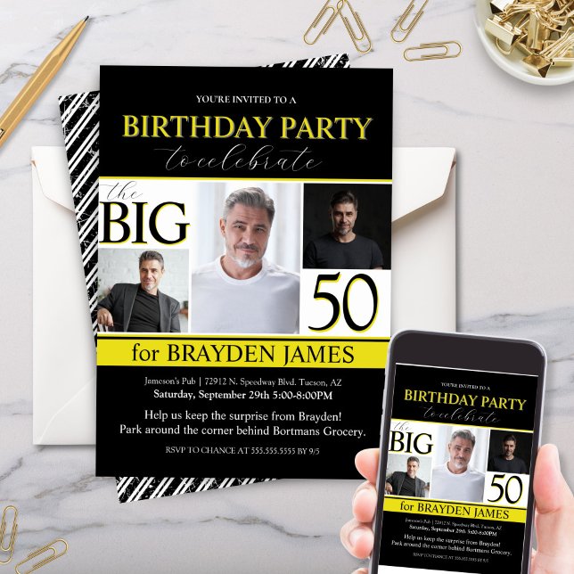Dourado 50º Convite de Aniversário do Moderno Blac (Elegant black and white with yellow accents photo collage birthday party invitation for 50th 60th)