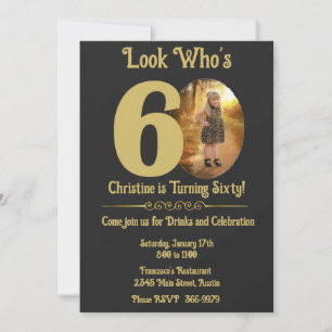 Dourado a preto com foto 60º Convite de Aniversári