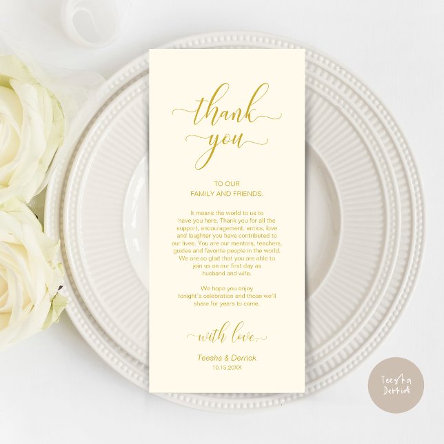 Dourado amarelo Elegante, Cartões de agradecimento (Wedding Dinner Place Setting Thank You Card, Modern Classy Design, Yellow Gold)