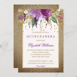 Dourado Ametizante Floral Quinceanera Convite