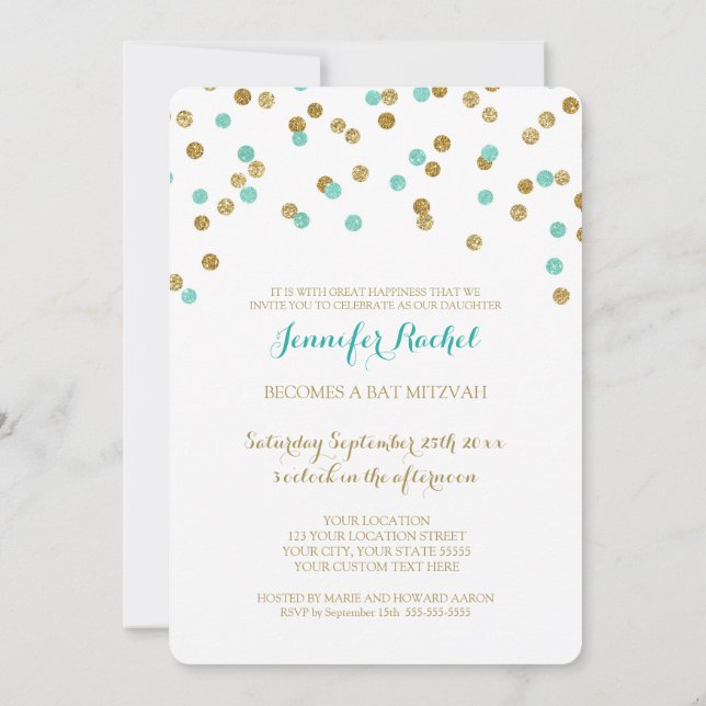 Dourado Azul Aqua Confetti Bat Mitzvah Convites (Verso)