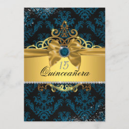 Dourado azul, Damask Quinceanera, Convite