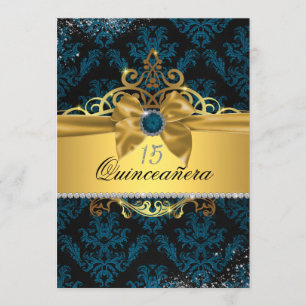 Dourado azul, Damask Quinceanera, Convite