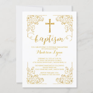 Dourado Batismo Glitter Christening Convite Cruzad
