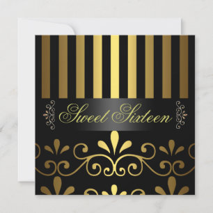 Dourado/Black Stripe & Swirl Sweet 16 Convite