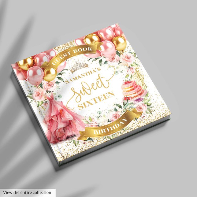 Dourado Blush Sweet 16 Balões Rosa de Livro de Con (Chic Blush Gold Guest Book Sweet Sixteen)