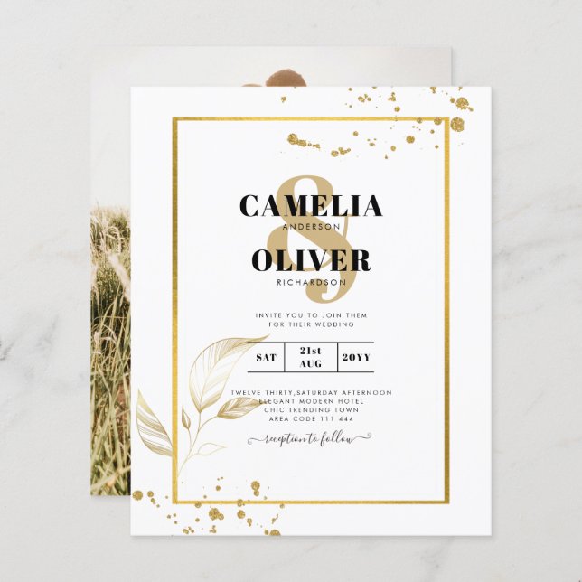 Dourado Branco Clássico de Convite para Foto de Or (Frente/Verso)