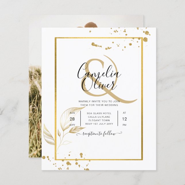Dourado Branco Clássico de Convite para Foto de Or (Frente/Verso)