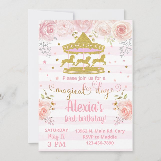 Dourado carrossel merrygoround, convite de anivers (Frente)