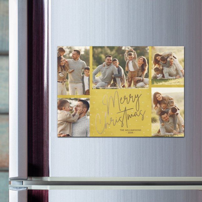 Dourado Cartão Magnético Amarelo de Fotos de Natal (Faux gold Merry Christmas 5 photo gold border magnetic Christmas cards)