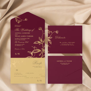 Dourado casamento botânico elegante burgundy