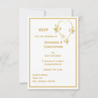 Dourado Casamento RSVP Cartões Borboletas Coração