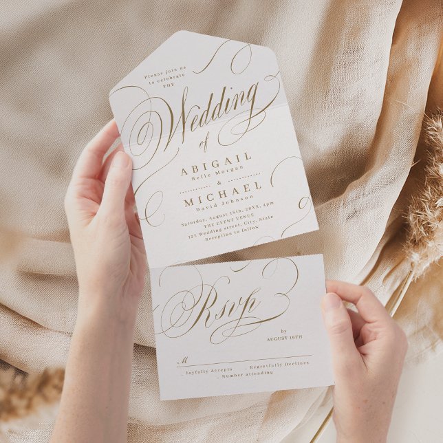 Dourado casamento vintage clássico de caligrafia e (Gold elegant classic calligraphy vintage wedding all in one invitation)