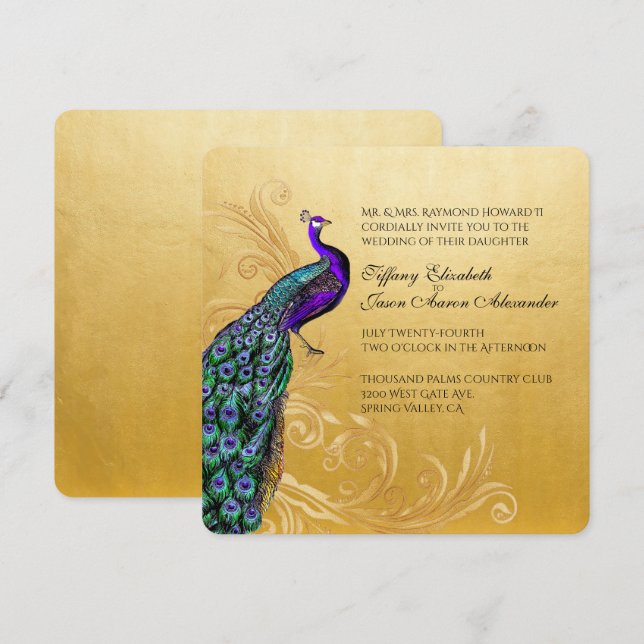 Dourado Com Convite De Casamento De Peacock (Frente/Verso)
