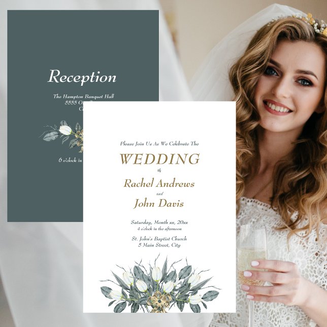 Dourado com Tulipas Brancas de Convite para Casame (Gold With Green Wedding Invitation White Tulips)