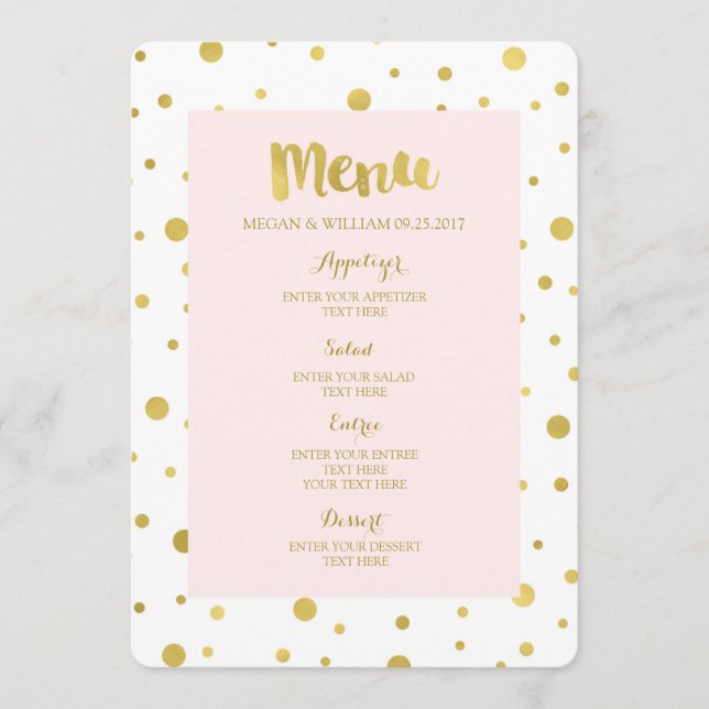 Dourado Confetti Pastel Blush Pink Menu Casamento (Frente)