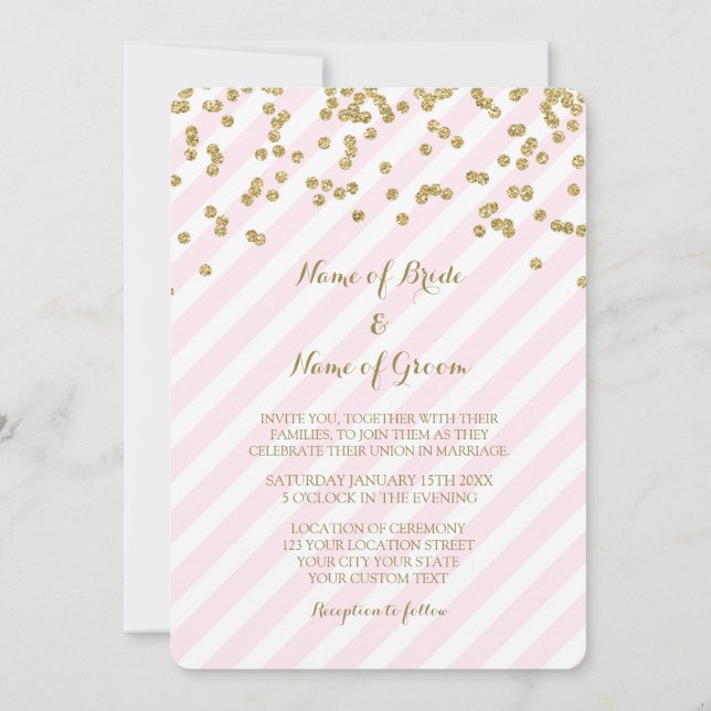 Dourado Confetti Rosa Stripes Casamento Convites d (Verso)
