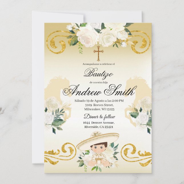 Dourado Convite Batismo Espanhol Mexicano Charro (Frente)