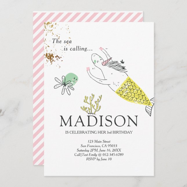 Dourado Convite de Aniversário para a Sereia de Cu (Frente/Verso)